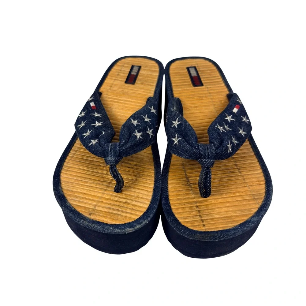 Y2K Chunky Tommy Hilfiger Denim Star Platform Flip Flop Sandals Bamboo Straw 8M